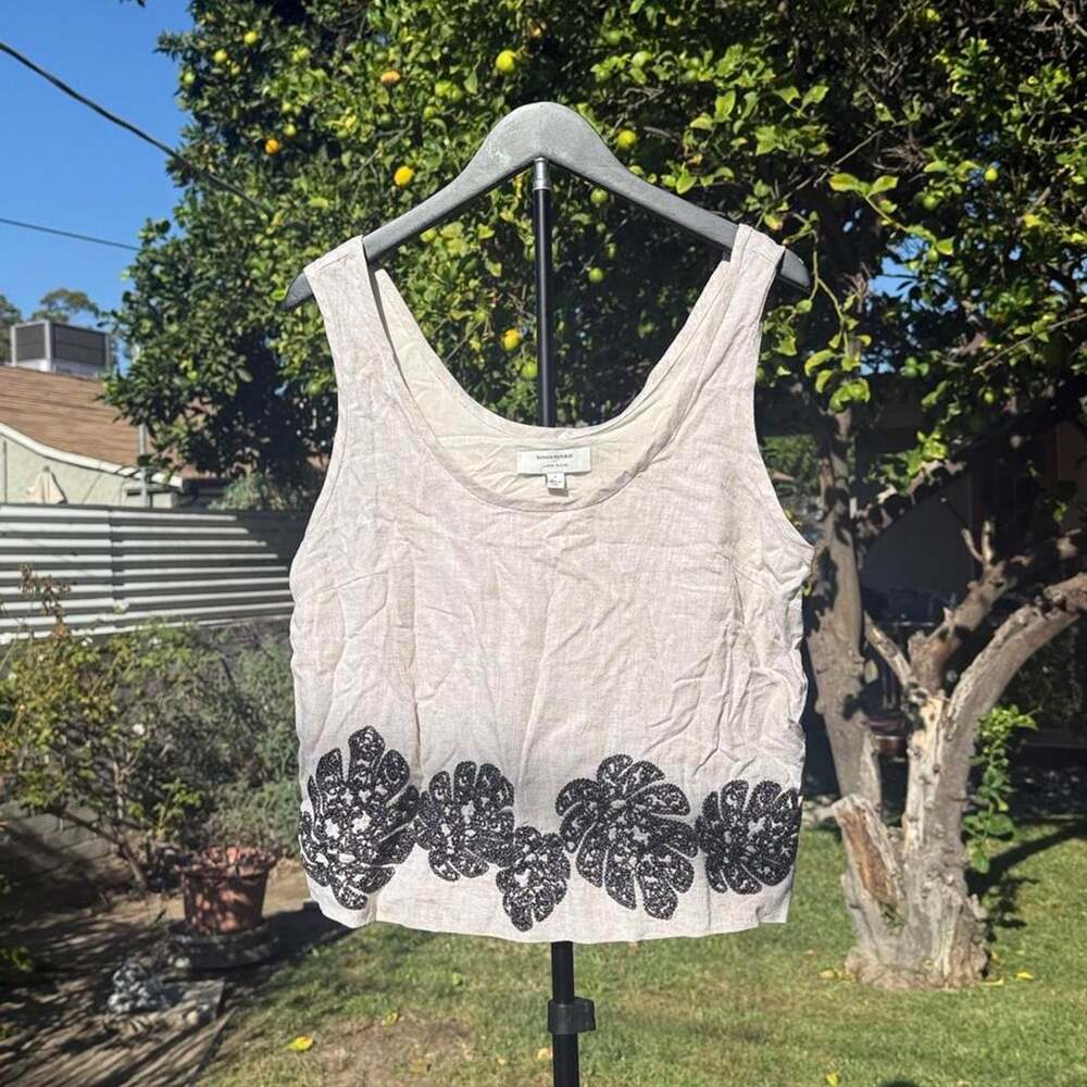 Linen Blend Floral Embroidered Tank Top Cream Black Banana Republic Small NWT